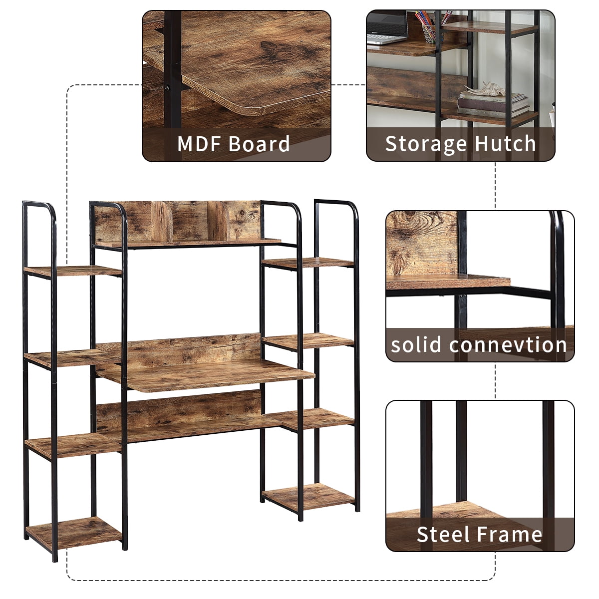 Kepooman Modern Metal Computer Desk with Storage Hutch & Double Bookcase for Home Office, 63"L x 19.9"W x 59.4"H, Brown Kepooman Modern Metal Computer Desk with Storage Hutch & Double Bookcase for Home Office, 63"L x 19.9"W x 59.4"H, Brown