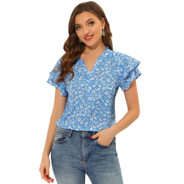 Blusa Informal Con Cuello En V Y Manga De Casquillo Superior Con Estampado Floral Para Mujer Azul M