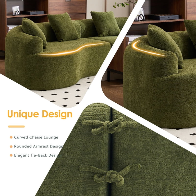 Curved Sectional Sofa with 4 Throw Pillows, Modern Luxury Chenille 4-Seater Cloud Couch with Deep Seat for Living Room, No Assembly Needed