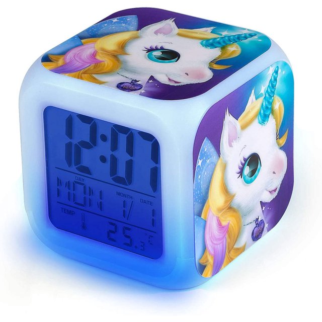 Reloj despertador digital retroiluminado, reloj despertador digital unicornio, reloj de noche con luz nocturna LED para niños, luz nocturna, fecha, temperatura, patrón de unicornio JM