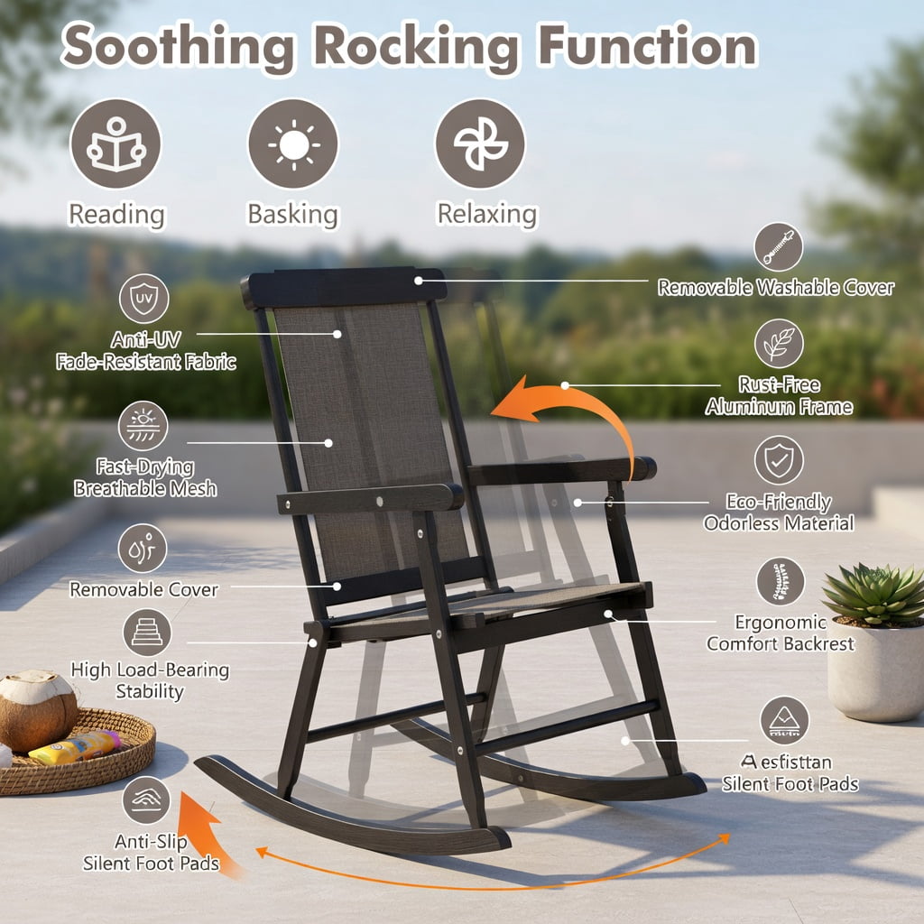Hommoo Solid Rubber Wood Rocking Chair for Patio, Garden & Indoor Use, Ergonomic Outdoor Rocker with High Back & Curved Armrests, Black