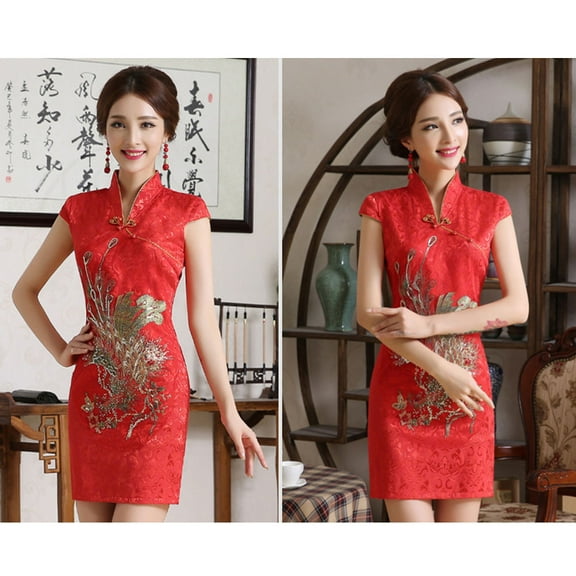 FRCOLOR Red Wedding Dress Bride Chinese Style Dress for Women 1Pack