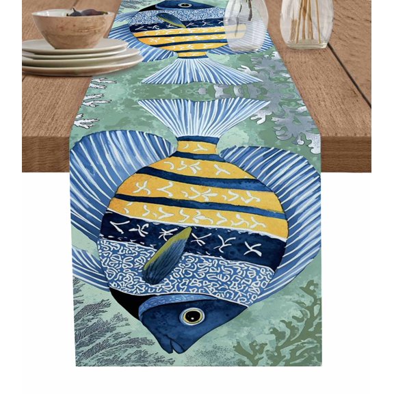 Hokiten Table Runners 48 Inches Long Dress Scarves, Coastal Ocean Farmhouse Kitchen/Dining Table Runner, Short Coffee Tablerunners, Summer Floral Stripe Ombre Fish Coral 13x48 Inch