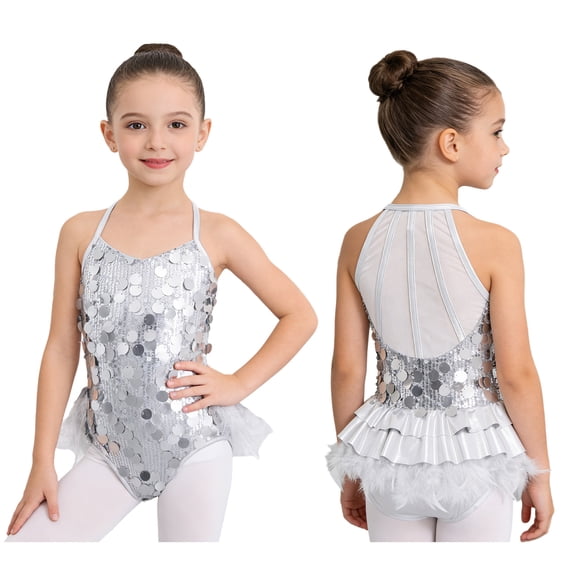 YiZYiF Girls Metallic Shiny Sequin Latin Jazz Ballet Dance Leotard Sleeveless Feather Bodysuit for Party Stage Shows Silver 8