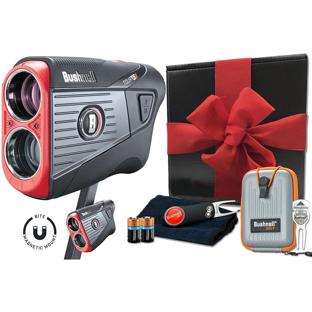 Bushnell Tour V5 Shift (Slope) Golf Laser Rangefinder Patriot Pack Gift Box Bundle | +Carrying Case, Divot Tool, PlayBetter Microfiber Towel, Two Batteries | Packed in Black Gift Box
