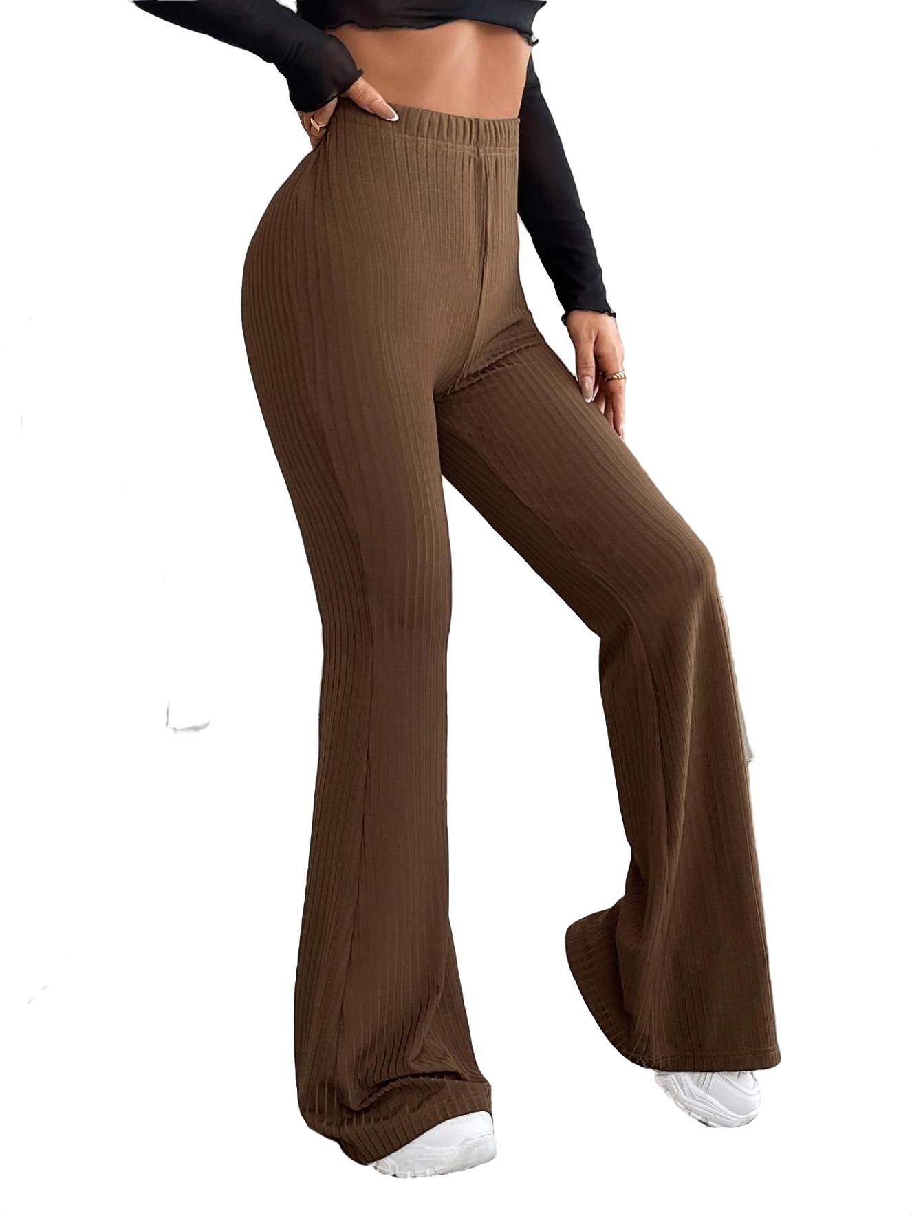 Casual Plain Flare Leg Coffee Brown Women's Pants (Women's)