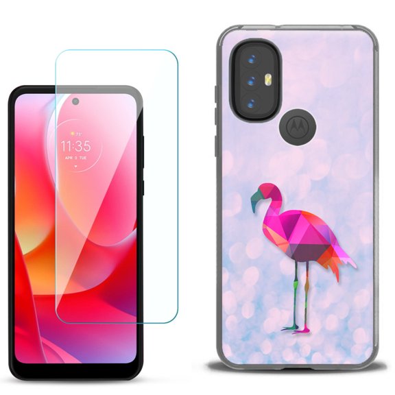 Slim-Fit Gel TPU Phone Case for Motorola Moto G Power 2022, with Tempered Glass Screen Protector, by OneToughShield ® - Flamingo / Polygon