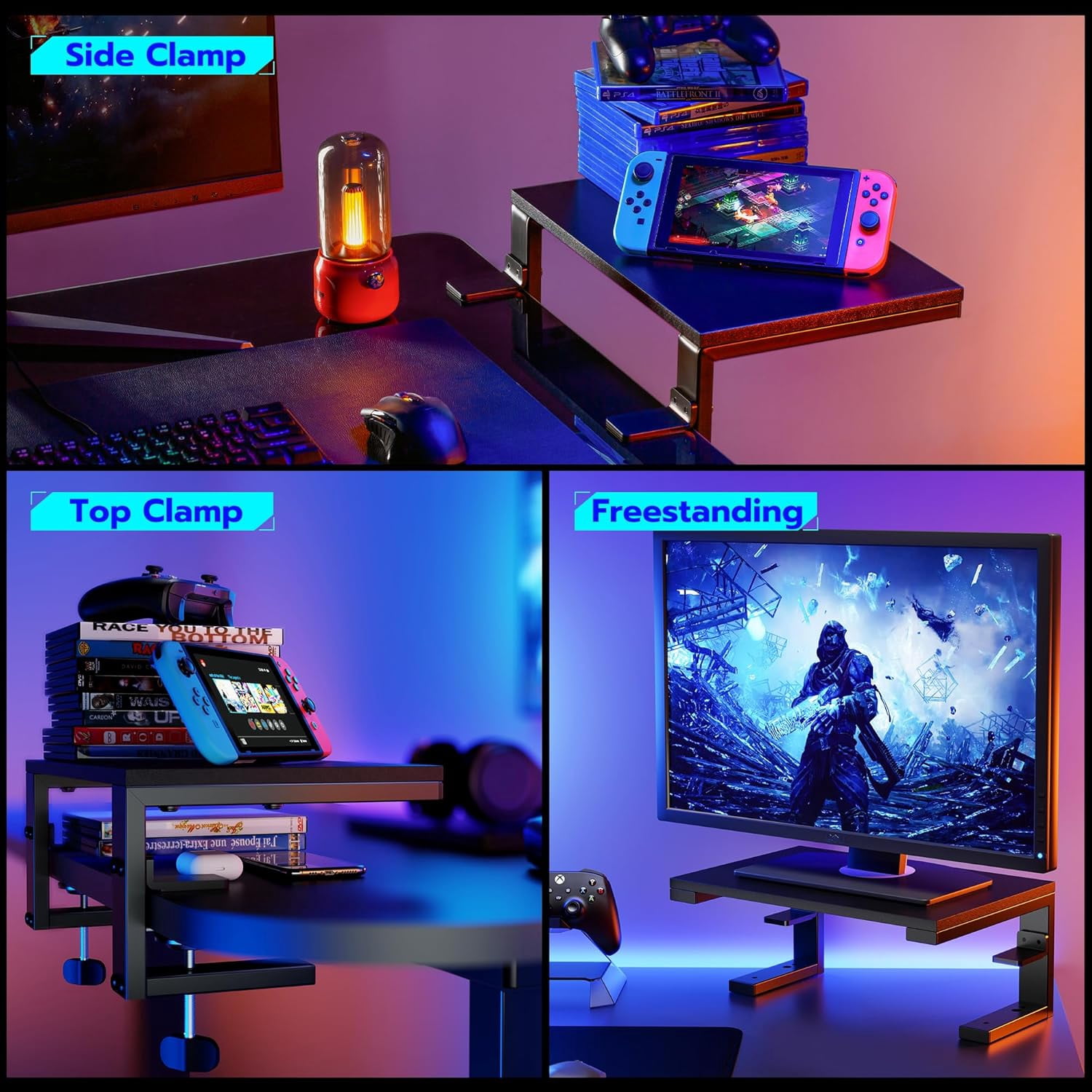 ARES WING Clamp-On Desk Extender & Monitor Shelf – 15" Space Booster, Freestanding or Clamp Mount, Holds 44 lbs, No Drill Desktop Organizer for Office/Gaming, Black