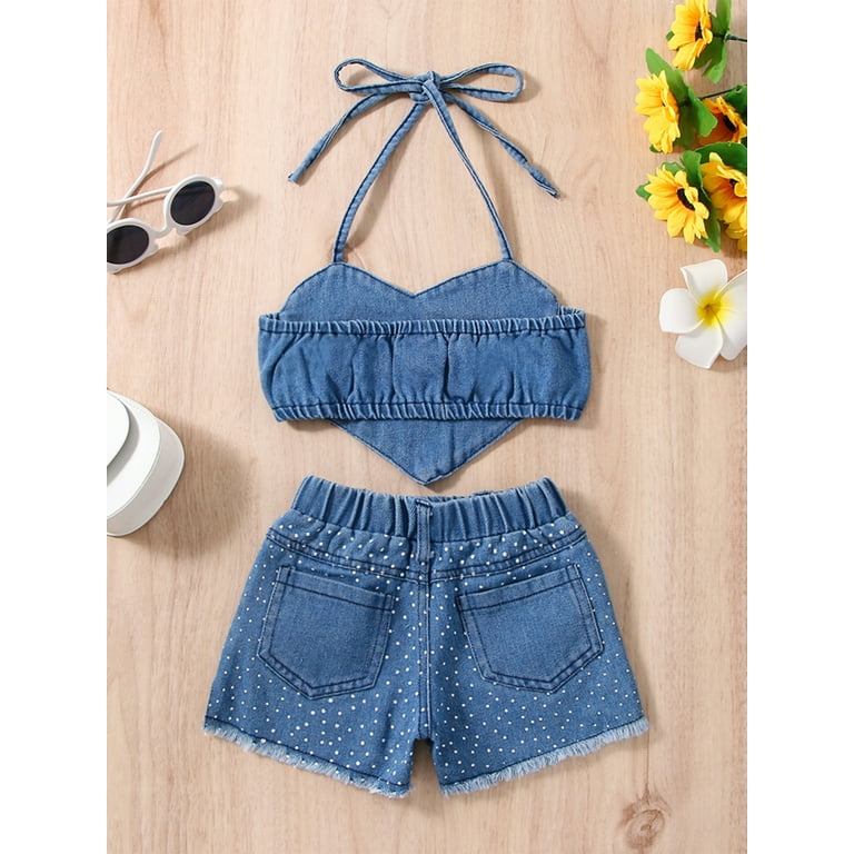 Kids Girls Summer Clothes Set Sleeveless Heart Shape Denim Tops + Ripped  Jeans Baby Valentine's Day Shorts Outfits 