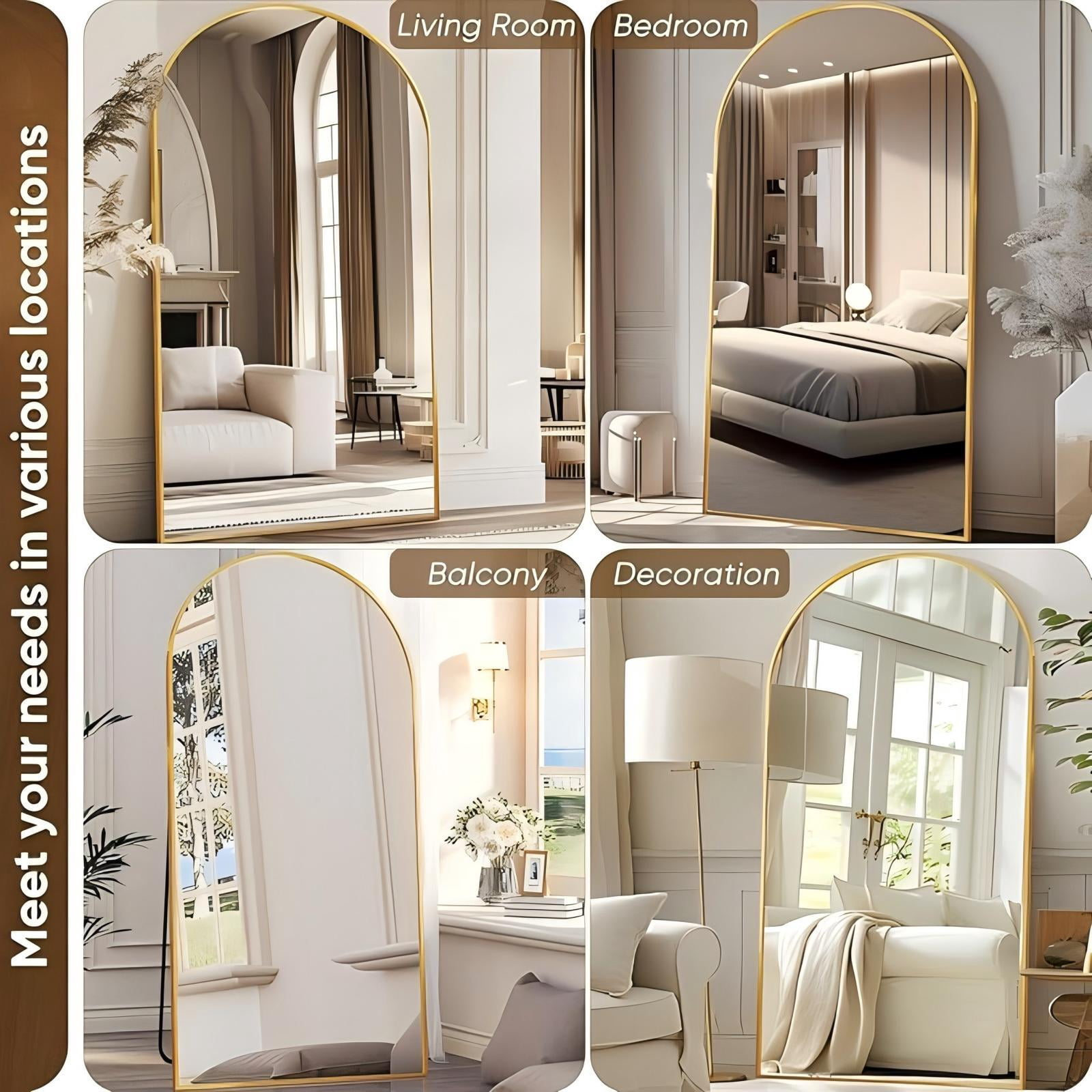 Anyrose 78.1"x 35" Arched Full Length Mirror Floor Mirror with Stand Wall-Mounted, Gold