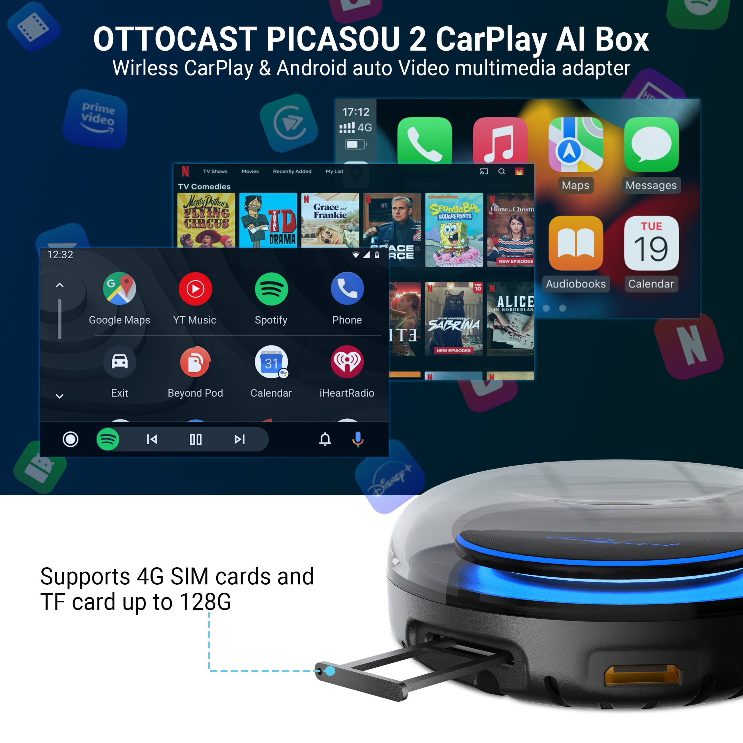 Ottocast CarPlay Android AI Box PICASOU 2 Wireless Android Auto CarPlay  Adapter Android 10 System HD HDMI Output 4+64GB Built-in GPS & SIM TF Card  Slot Stream Any Video Apps 