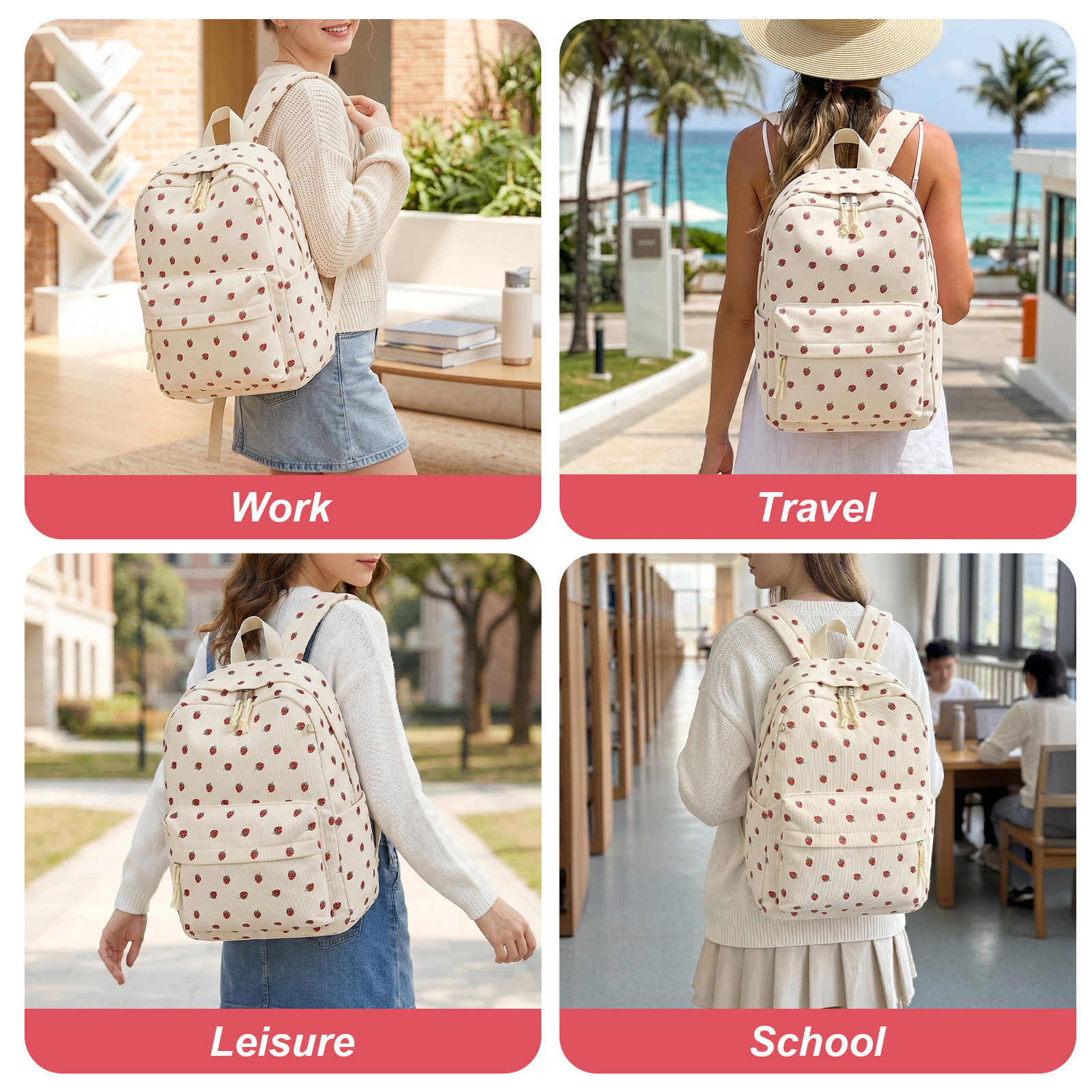 Mochila escolar para niños y adolescentes, linda, para niñas, para secundaria y preparatoria, gran capacidad, ligera, para universidad, beige con fresas 6