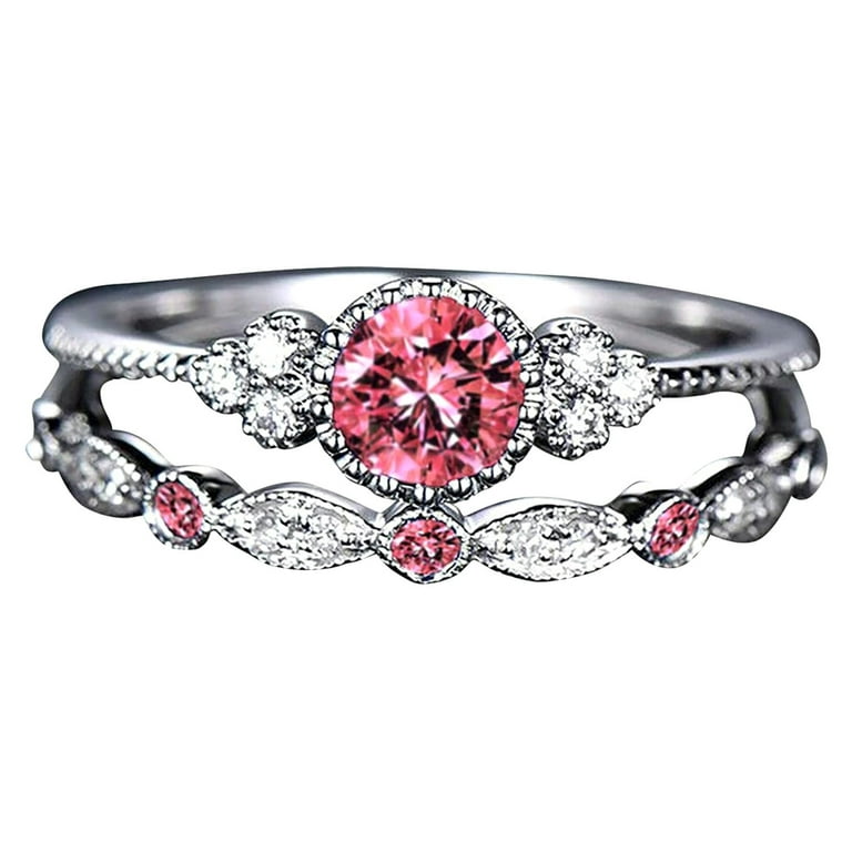 Skpabo Crystal Pink Diamond Inlaid Pink Pink Ring Ring Ring Gold Women Cute Adjustable Rings, Women's, Size: 9, Silver
