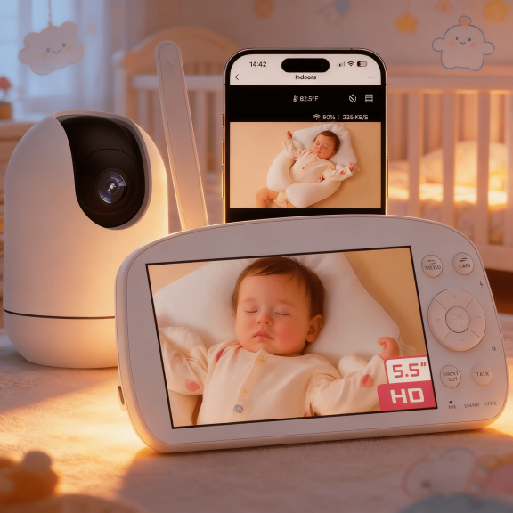 5.5” 1080P Smart WiFi Baby Monitor with Camera & Audio, 360° Pan & Tilt, HD Night Vision, Two-Way Talk, Temperature & Motion Detection, Soothing Music, Multi-User Support, Wall-Mountable Display