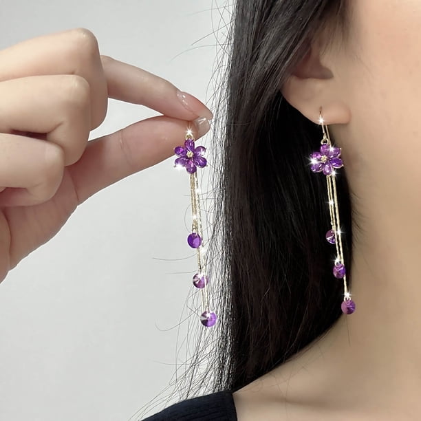 Pendientes de borla con flor morada en plata de ley 925 | Elegantes pendientes colgantes para mujer | Joyas modernas y versátiles