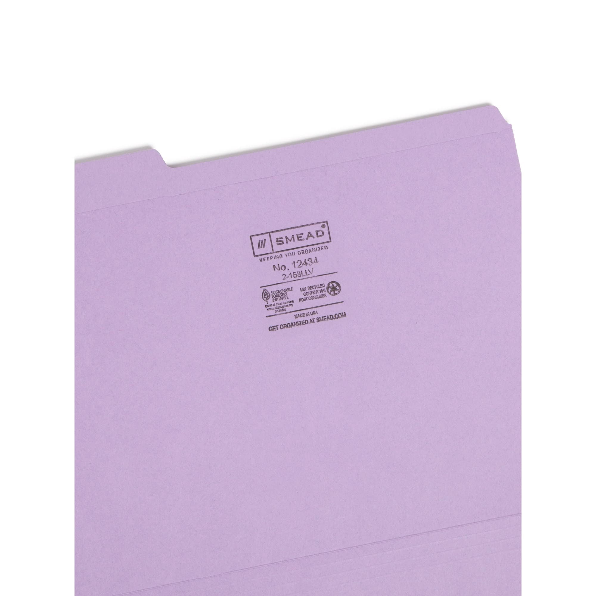 Smead® Color File Folders, With Reinforced Tabs, Letter Size, 1/3 Cut, Lavender, Box Of 100