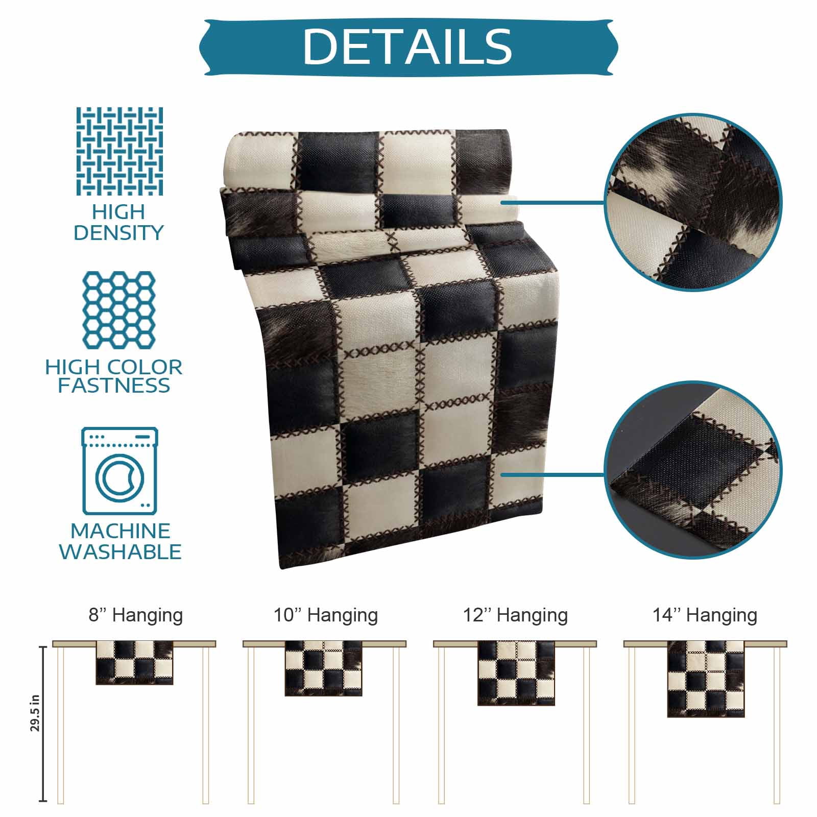 Leather Patchwork Table Runner 18x72 Inch Country Farmhouse Black White Brown Plaid Checkered Cotton Linen Dining Table Runner Ideal for Dresser Kitchen Coffee Tables - Machine Washable