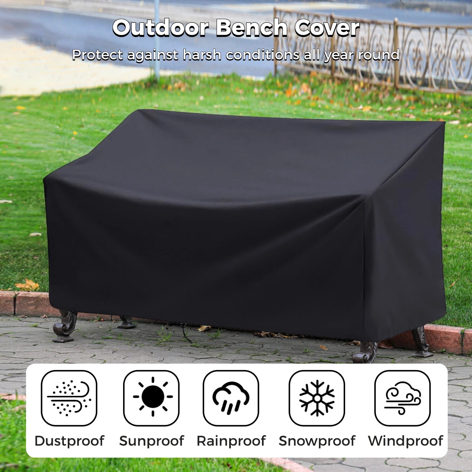 Heavy Duty 600D Outdoor Bench Cover for 3-Seater – Waterproof & UV Resistant Patio Furniture Cover with Air Vents, Windproof Straps & Storage Bag, 64.2" x 26" x 35", Black