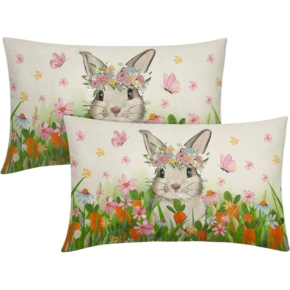 Easter Pillow Covers 12x20 Set of 2 Spring Cute Bunny Rabbit Carrot Watercolor Pink Floral Meadow Easter Themed Lumbar Decorative Throw Pillow Cases Outdoor Farmhouse Decoration for Sofa Couch Bed