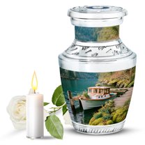 JAGASY Boat Cremation Urns for Human Ashes Keepsake, Green Small Urn for Ashes Adult Male, Lake & Wooden Boat Decorative Urns for Husband, Memorial Urn for Wife, (3 Inch)