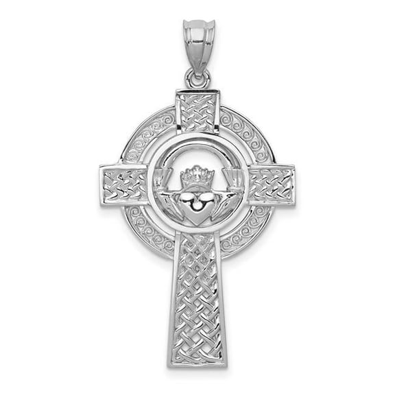 14k White Gold Celtic Claddagh Cross Pendant D1522