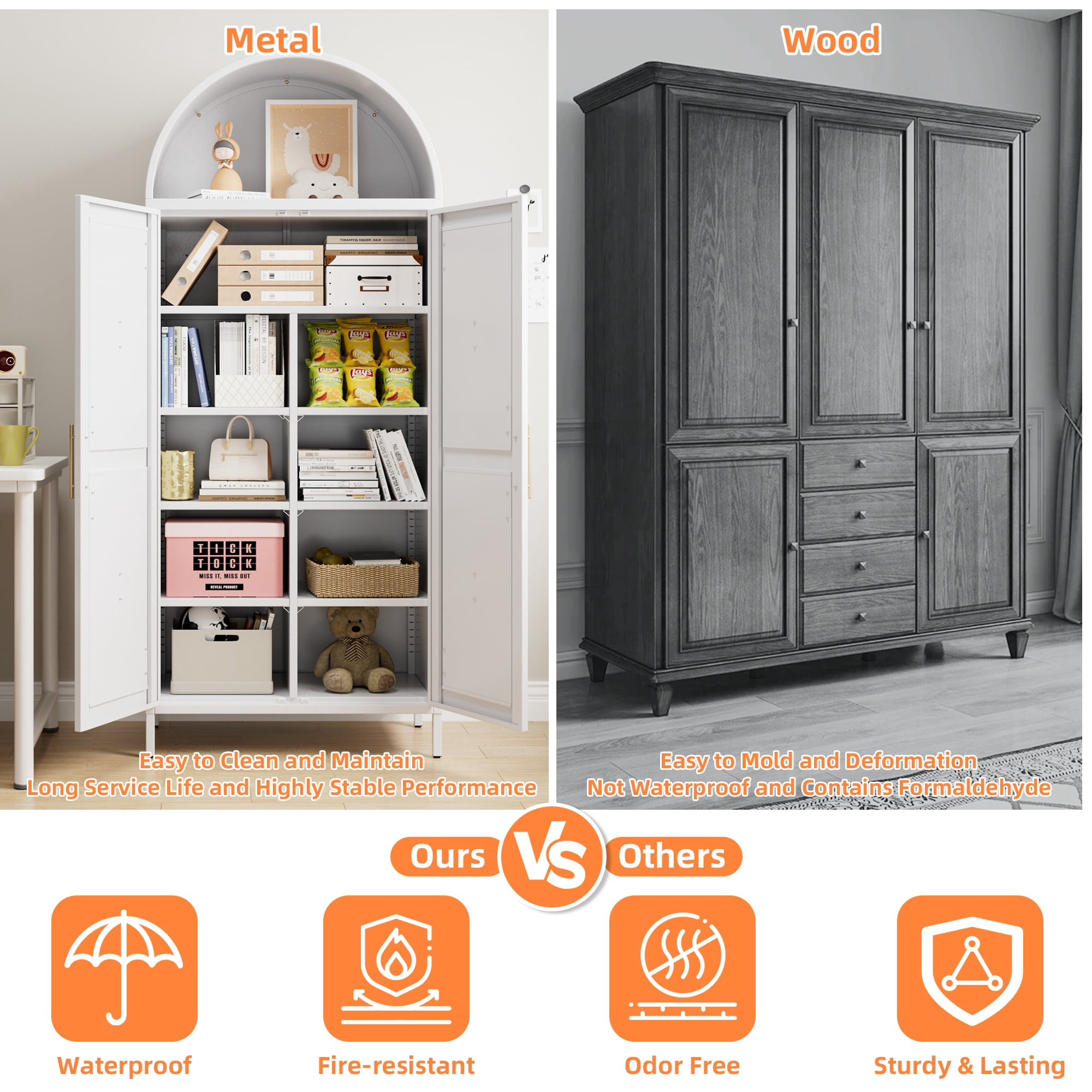 GangMeri 73-inch Tall Arched Kitchen Pantry Storage Cabinet,  Farmhouse Cabinet with Doors and Adjustable Shelves, Tall Freestanding Cupboard for Pantry, Dining Room, Living Room,Garage,Bath(White)