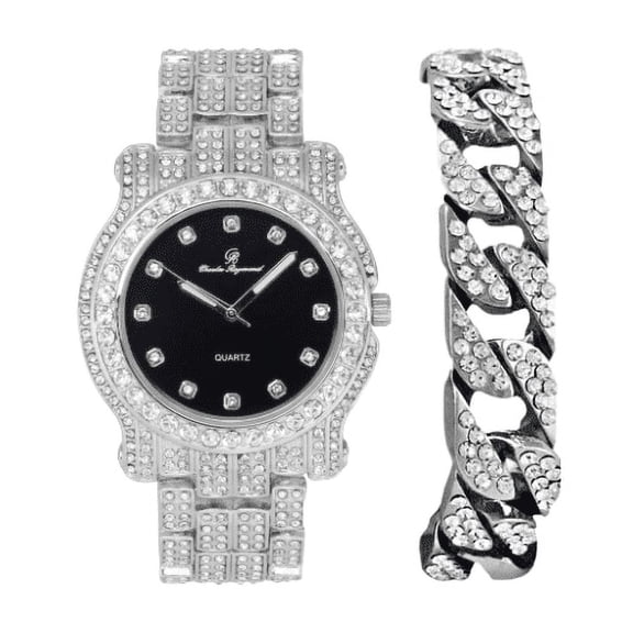 Charles Raymond Bling-ed Out Ultimate Hip Hop Royalty Mens Watch w/Easy Reader Roman Numeral or Iced Out Diamond Time Indicators - Bright Colored Dials -L0504DX SLV BLK -C