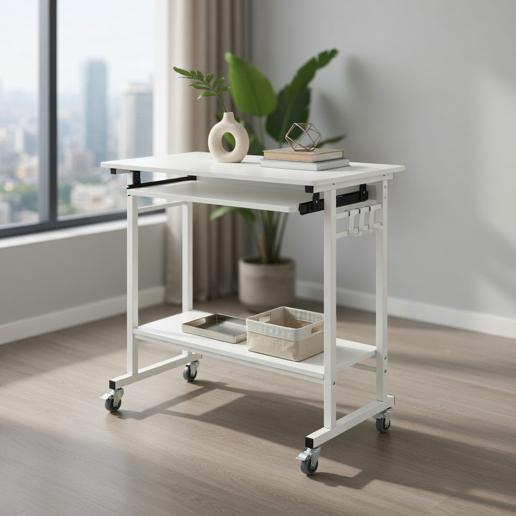 Demi Bonn Rolling Laptop Table with Pull-out Keyboard Tray and Hooks, Mobile Storage Desk for Home Office Bedroom Dorm, Smooth Casters with Brakes, White