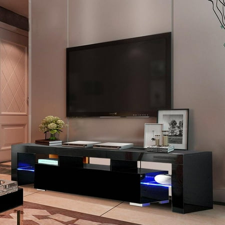 Living Center - Ktaxon High Gloss TV Stand Unit Cabinet Console Furniture w/LED Shelves 1 Drawers Black