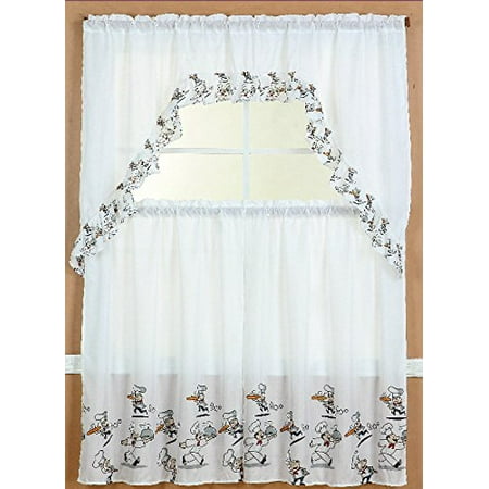 3pc Chef Kitchen Window Ruffle Rod Tier Curtains Swag Valance Set