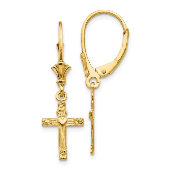 14k Yellow Gold Mini Cross With Heart Leverback Earrings - 1.4 Grams - Measures 31x9mm Wide