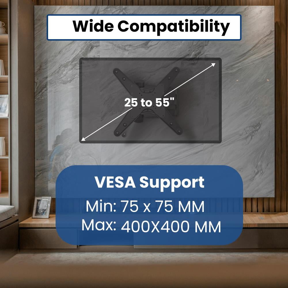 Lectronify Full Motion TV Wall Mount for 25–55" TVs, Swivel & Tilt Adjustable Arm, 77 lb Capacity, VESA Up to 400x400, Space Saving Design