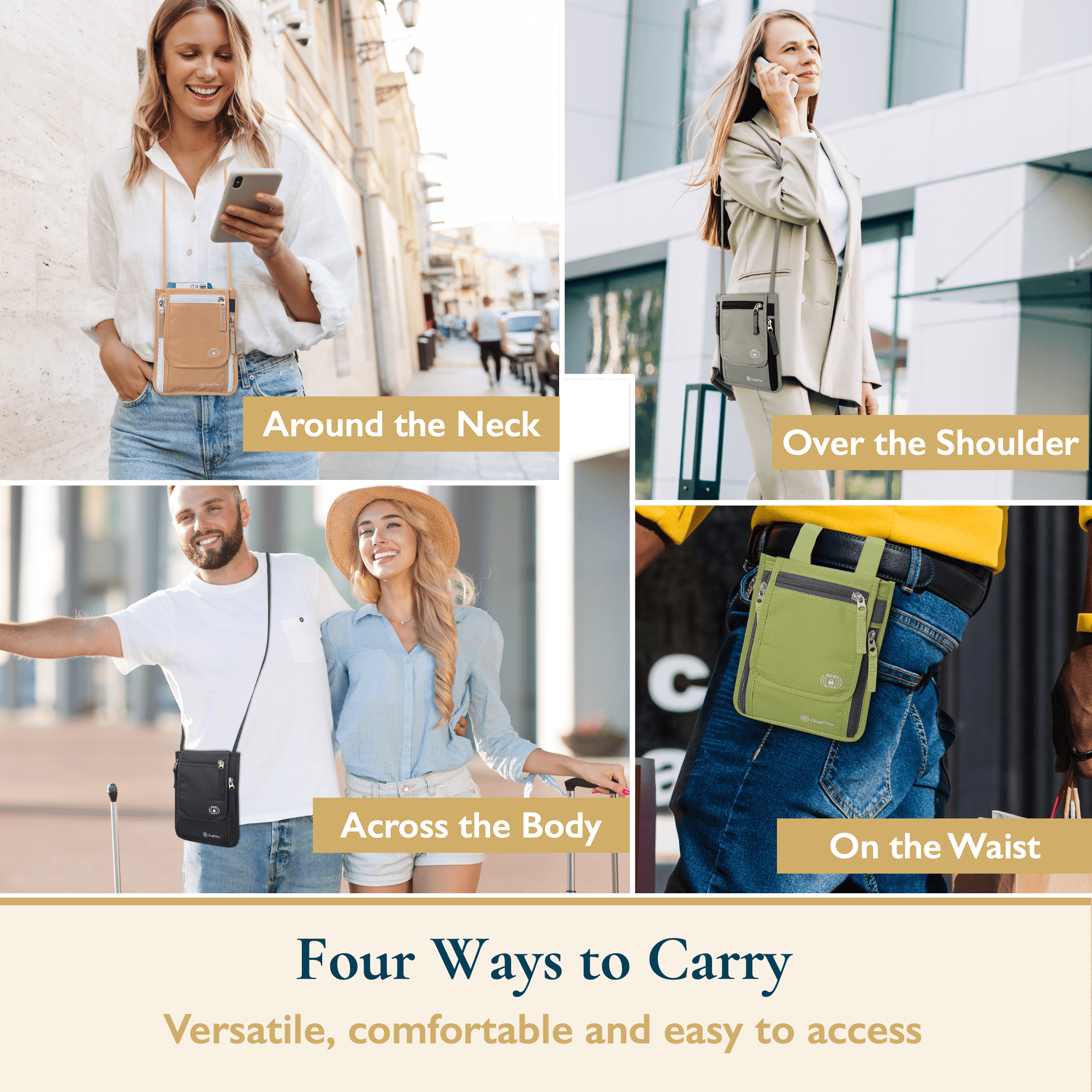 ComfiTime Passport Holder Neck Wallet - RFID Travel Wallet for Men, Women & Family, Anti Pickpocket Neck Crossbody Waist Pouch for Cruise, Gym, Hiking & Everyday Use, Lightweight Hidden Money Belt