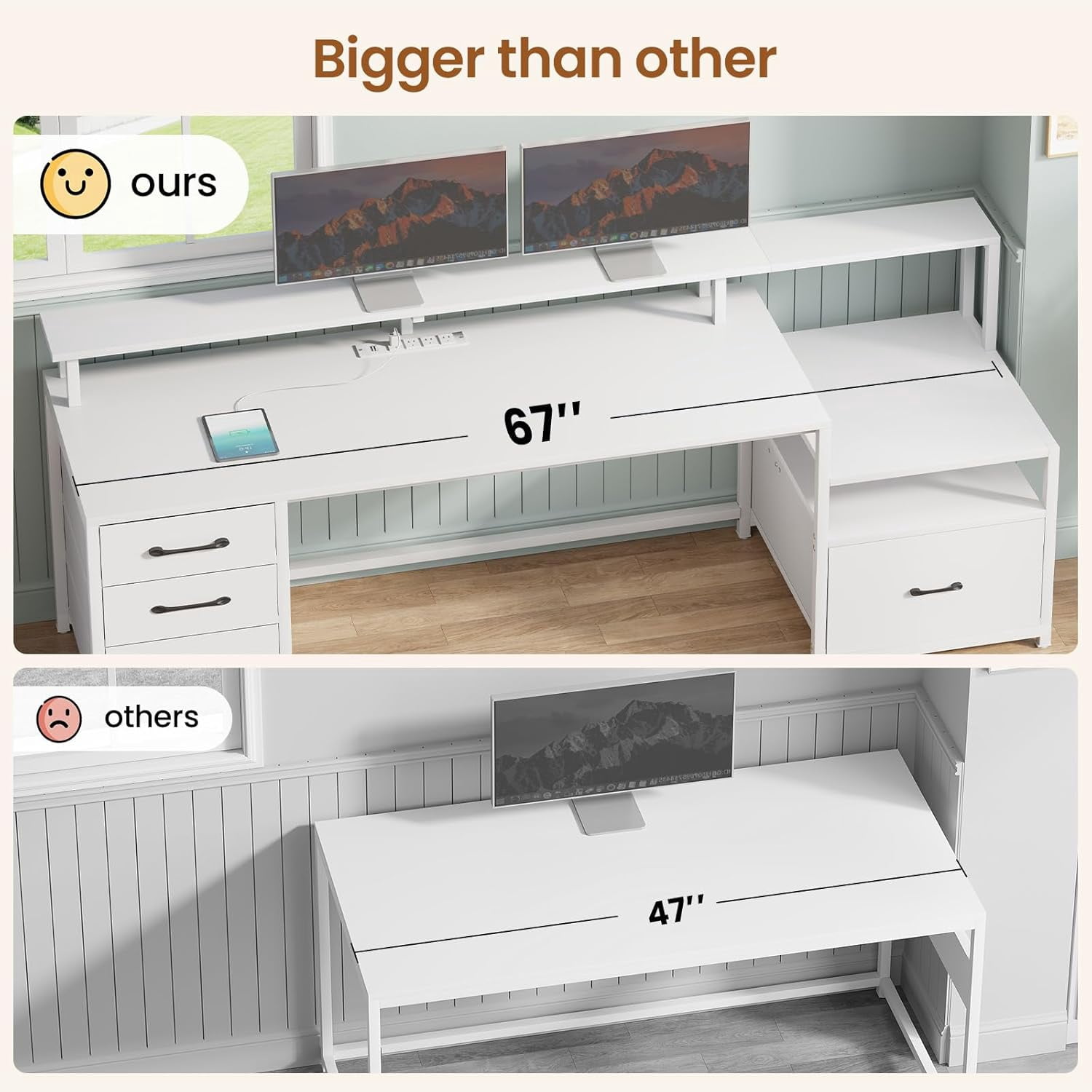 SEDETA White Computer Desk with 5 Drawer & Power Outlet & Monitor Shelf, Home Office Desk with File Drawer, Storage Shelves and Printer Cabinet, Gaming Desk with Led Lights