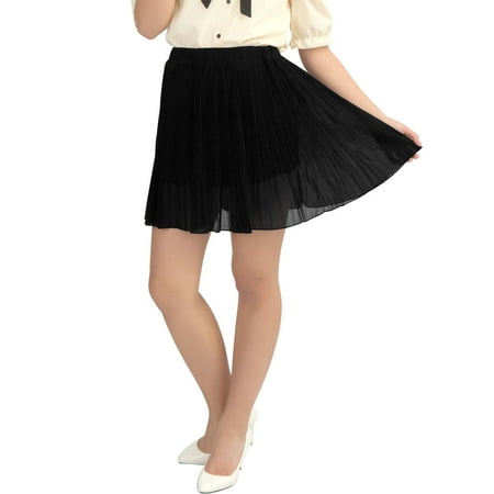 Pleated Chiffon Mini Skirt - Women's Summer Cinched Waist Chiffon Pleated Mini Skirt Black (Size M / 10)