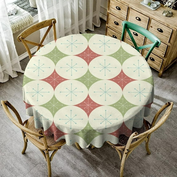 Red Green Stars Tablecloth, Mid Century Abstract Geometric 1950s Christmas Stars Diamonds Table Cloth Cover for Dining Room Kitchen Decoration Round(60x60in)