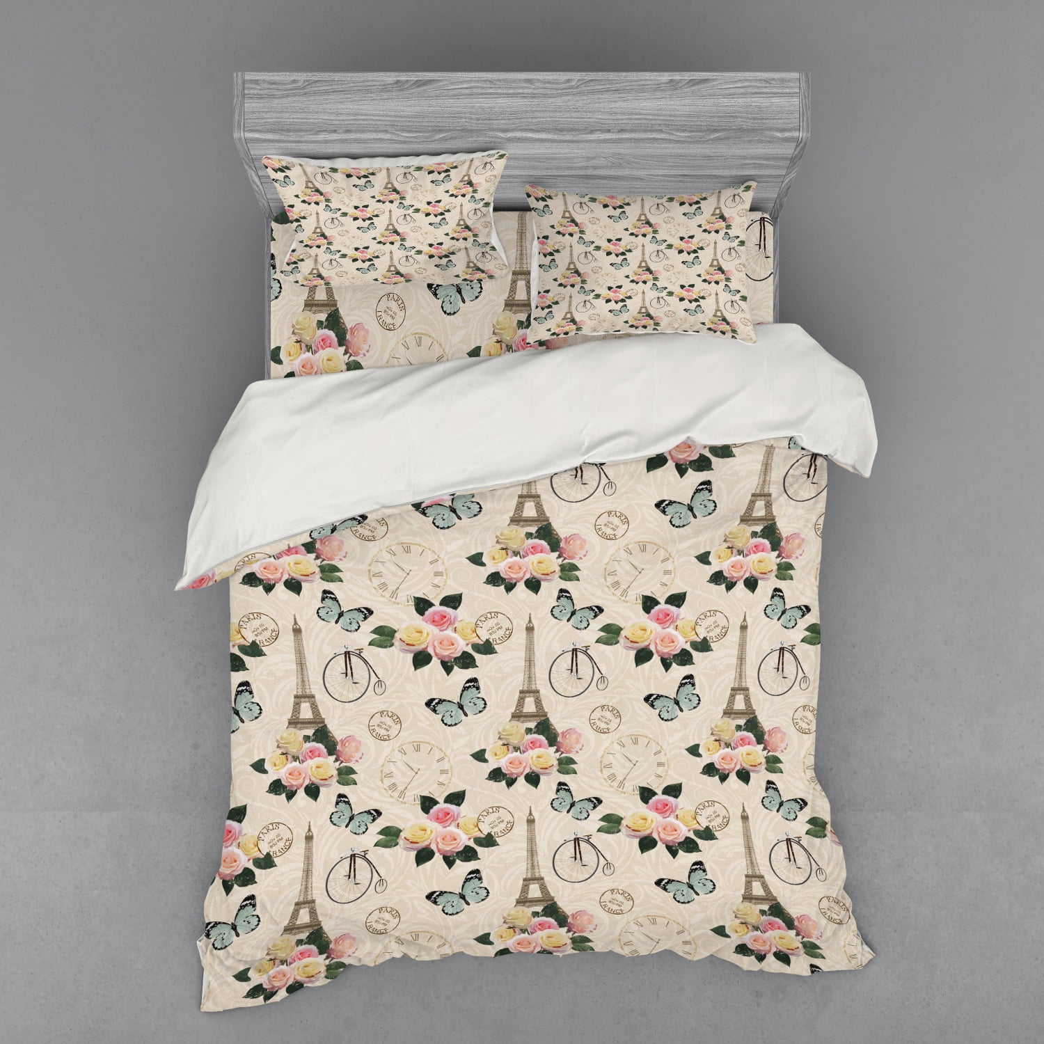 Modern Duvet Cover Set, French Eiffel Tower Shabby Form Style Garden