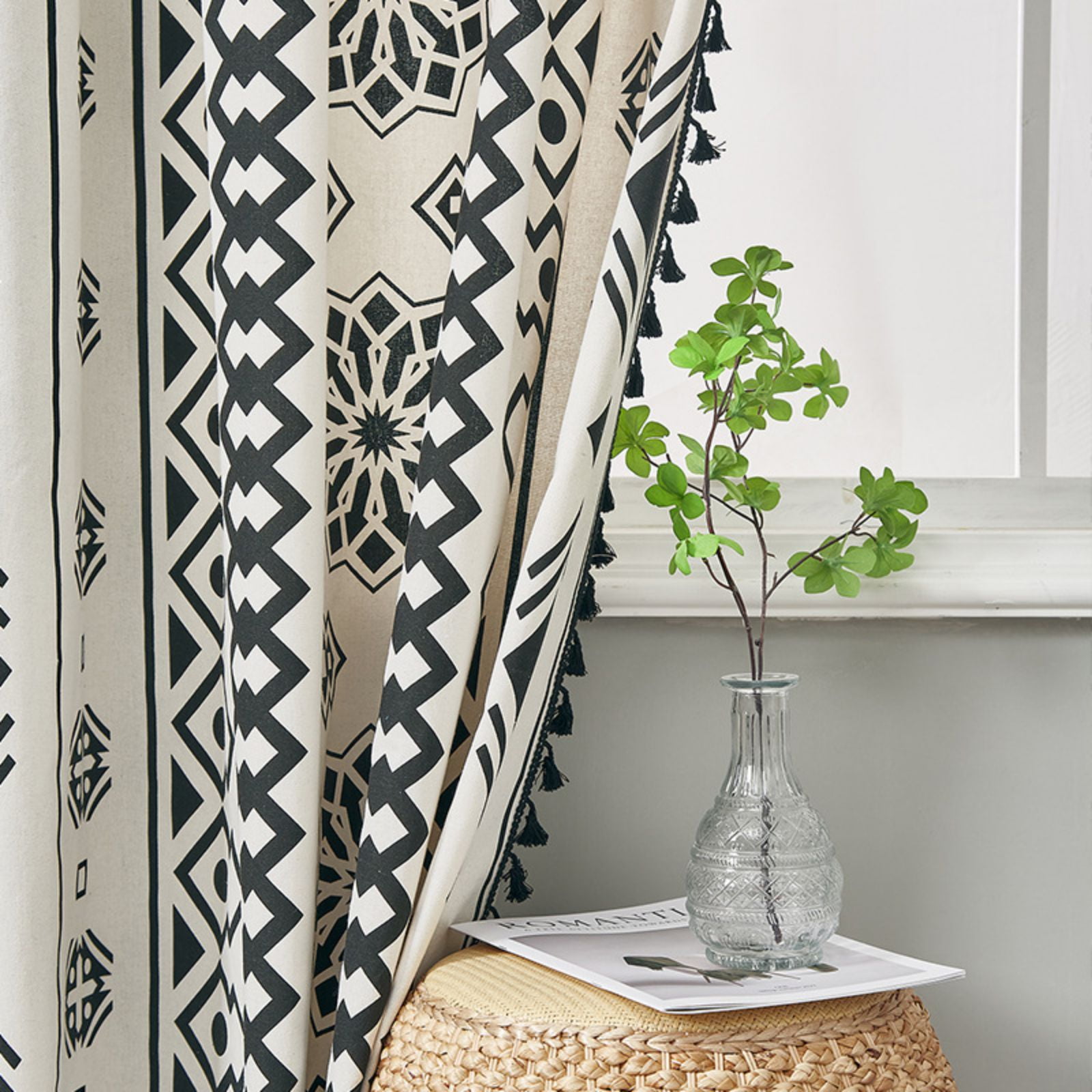 Black White Boho Farmhouse Curtains for Living Room 2 Panels, Linen Light Filtering Vintage Curtains Farmhouse Western Aztec Printed Rustic Rod Pocket Curtain Drapes with Tassels