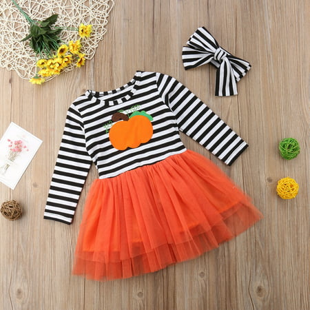 Baby Girls Halloween Costume Pumpkin Dress Long Sleeve Striped Tulle Party Dresses