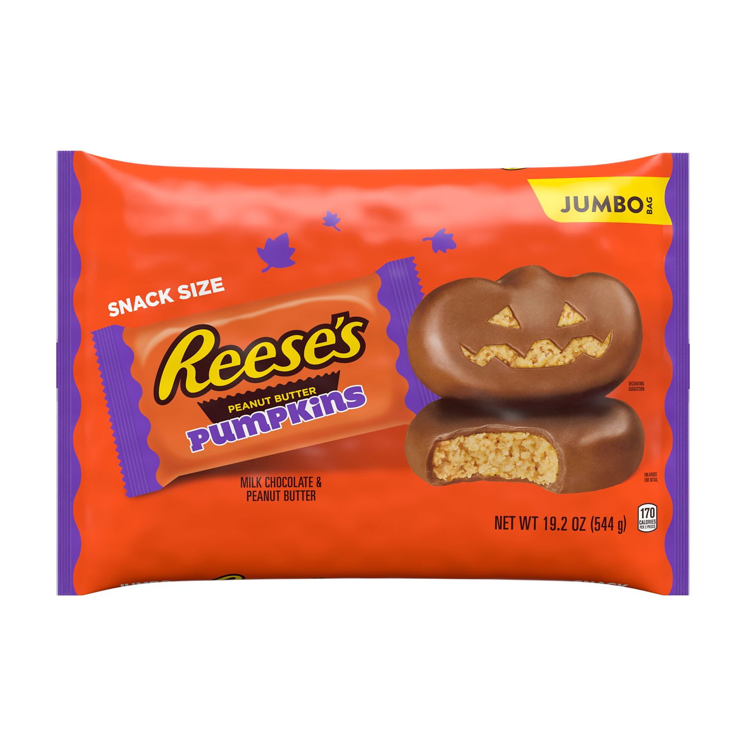 REESE'S, Milk Chocolate Peanut Butter Snack Size Pumpkins Candy, 19.2 oz, Jumbo Bag