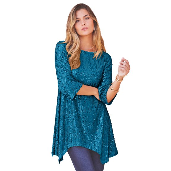 Roaman's Women's Plus Size Handkerchief Hem Sequin Tunic