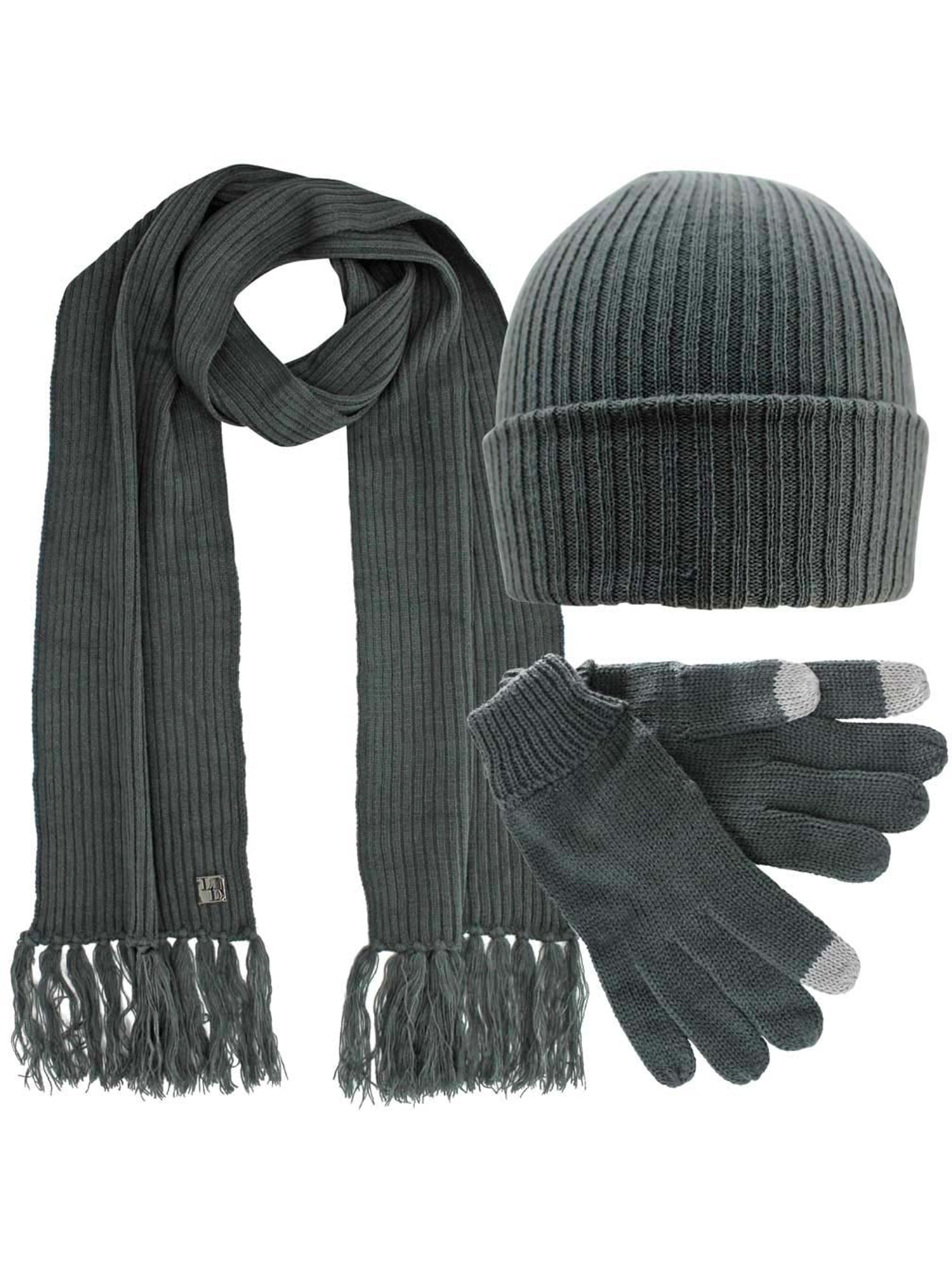 Charcoal Grey Ribbed Knit Men's 3 Piece Hat Scarf & Texting Gloves Set ...