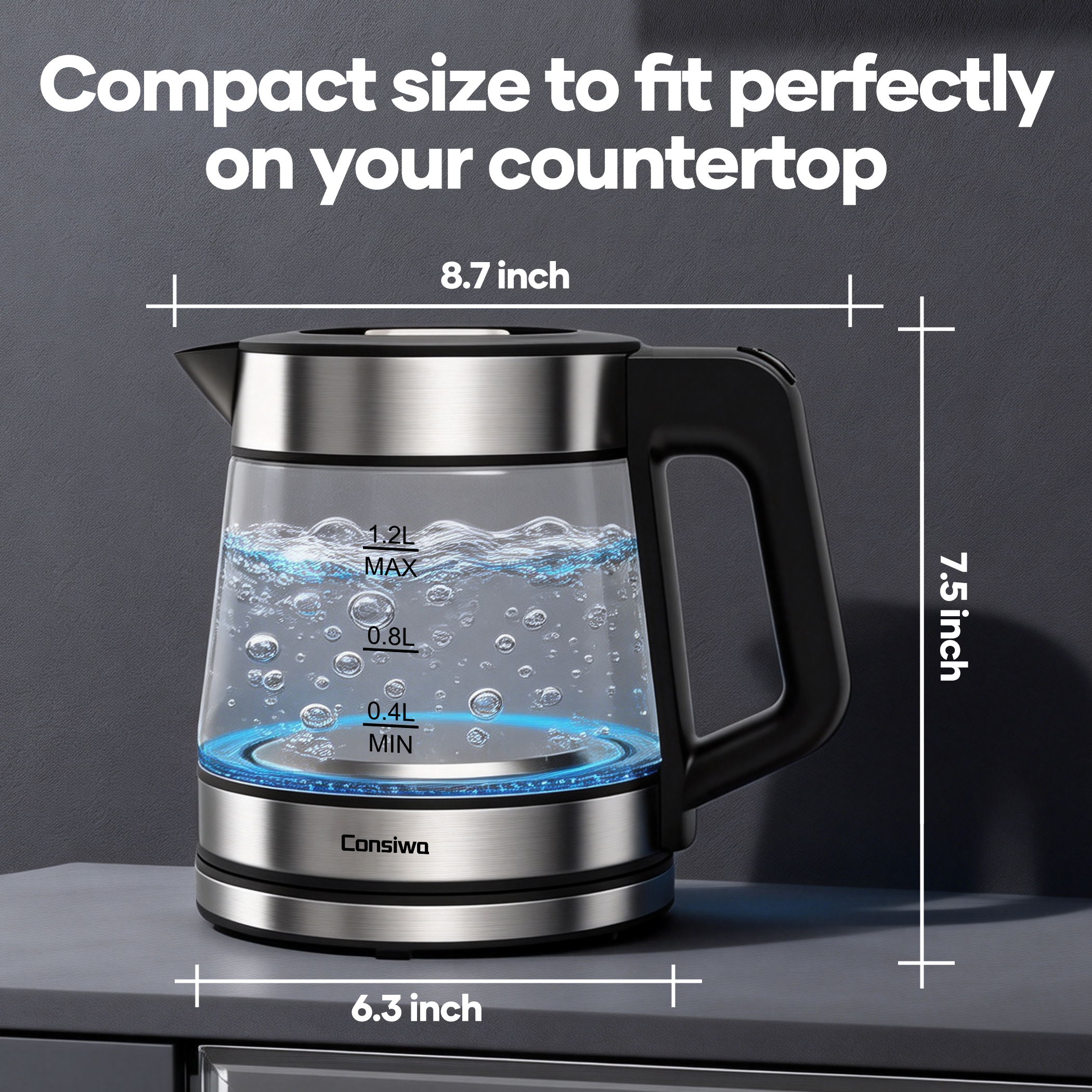 Consiwa Electric Kettle, 1.2L Glass Water Boiler photo 6
