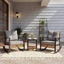 LAUSAINT HOME 3 Pieces Patio Outdoor Conversation Set with 2-Tier Coffee Table, PE Wicker Rocking Chairs with Gray Cushions