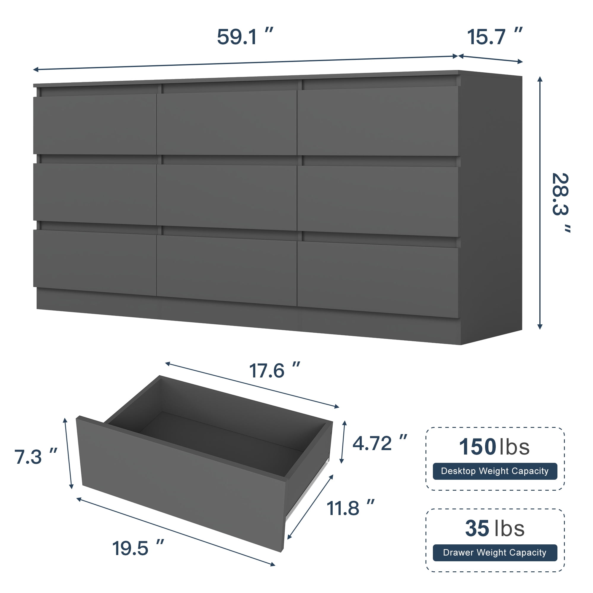 Demi Bonn 9 Drawer Double Dresser, Modern 9 Chest of Drawers with Deep Drawers, Wide Storage Organizer Cabinet for Living Room, Gray