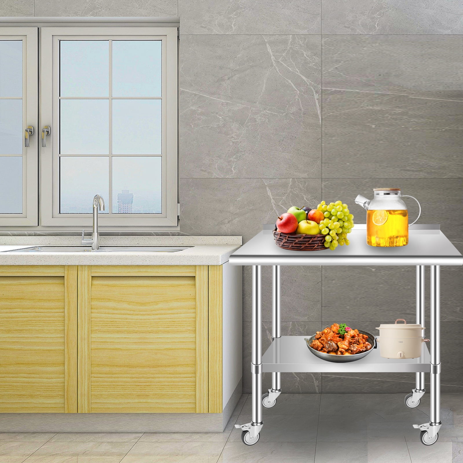 PRIJESSE 36 x 30 Inch With baffle Stainless Steel Table w/ Undershelf, Casters, Commercial Kitchen Work & Prep Table