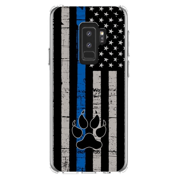 DistinctInk Clear Shockproof Hybrid Case for Samsung Galaxy S9  PLUS (6.2" Screen) - TPU Bumper, Acrylic Back, Tempered Glass Screen Protector - Thin Blue Line US Flag K9 Dog Paw - First Responders
