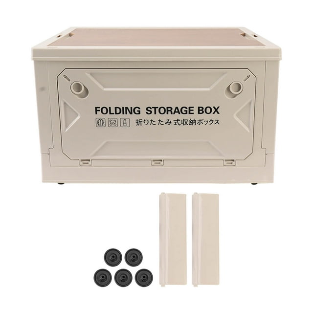 Caja de almacenamiento plegable para acampar con tapa de madera, contenedor con ruedas para coche, camping, picnic, color gris y blanco