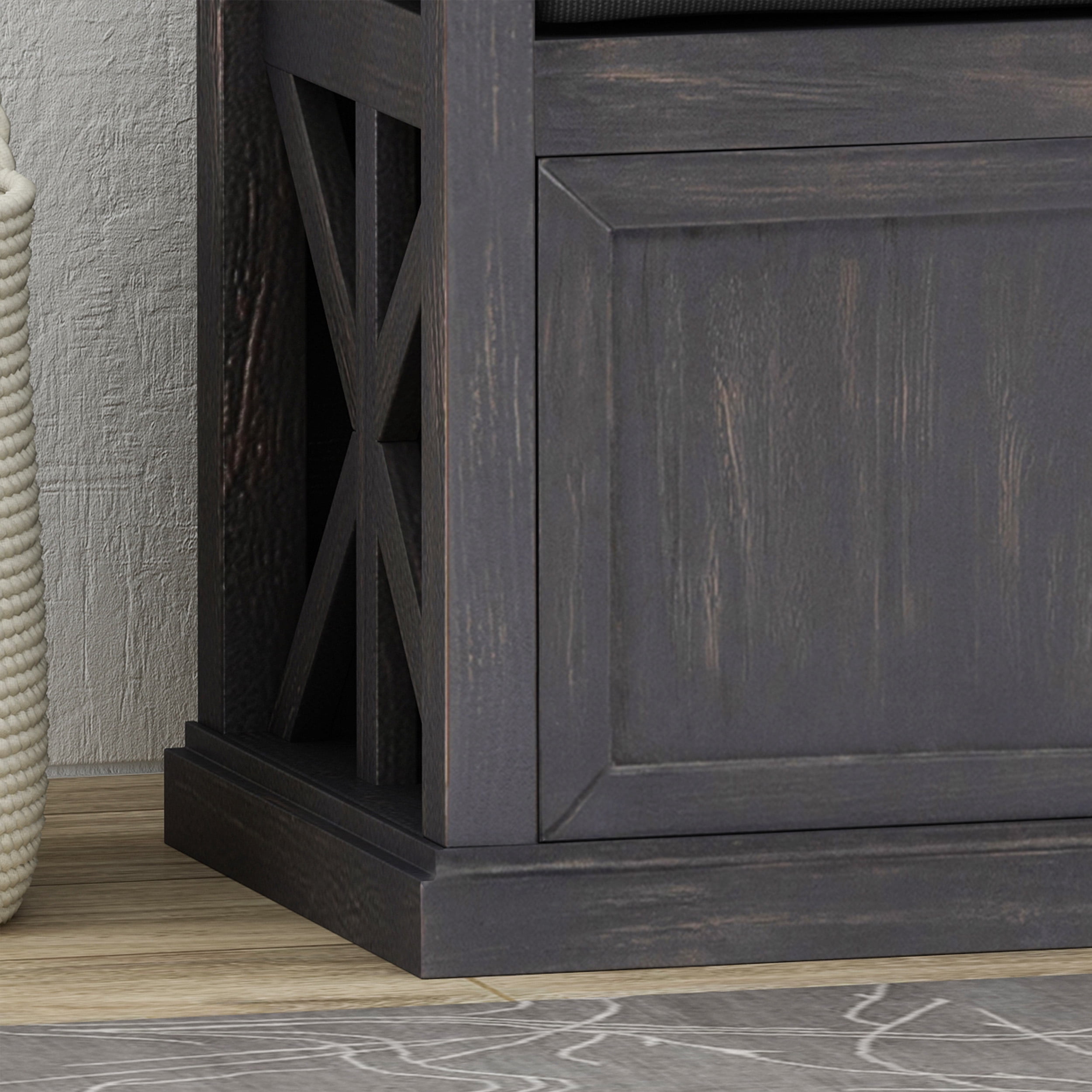 Noble House Tessa Modern Acacia Wood Storage Bench with Cushion, Sandblast Dark Gray, Black