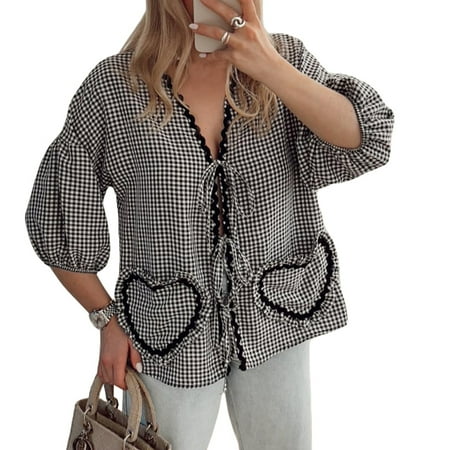 Women Y2k Peplum Shirt Puff Sleeve Tie Front Ruffle Hem Blouse Heart Shaped Pocket Lace up Cute Babydoll Shirt Going Out Tops